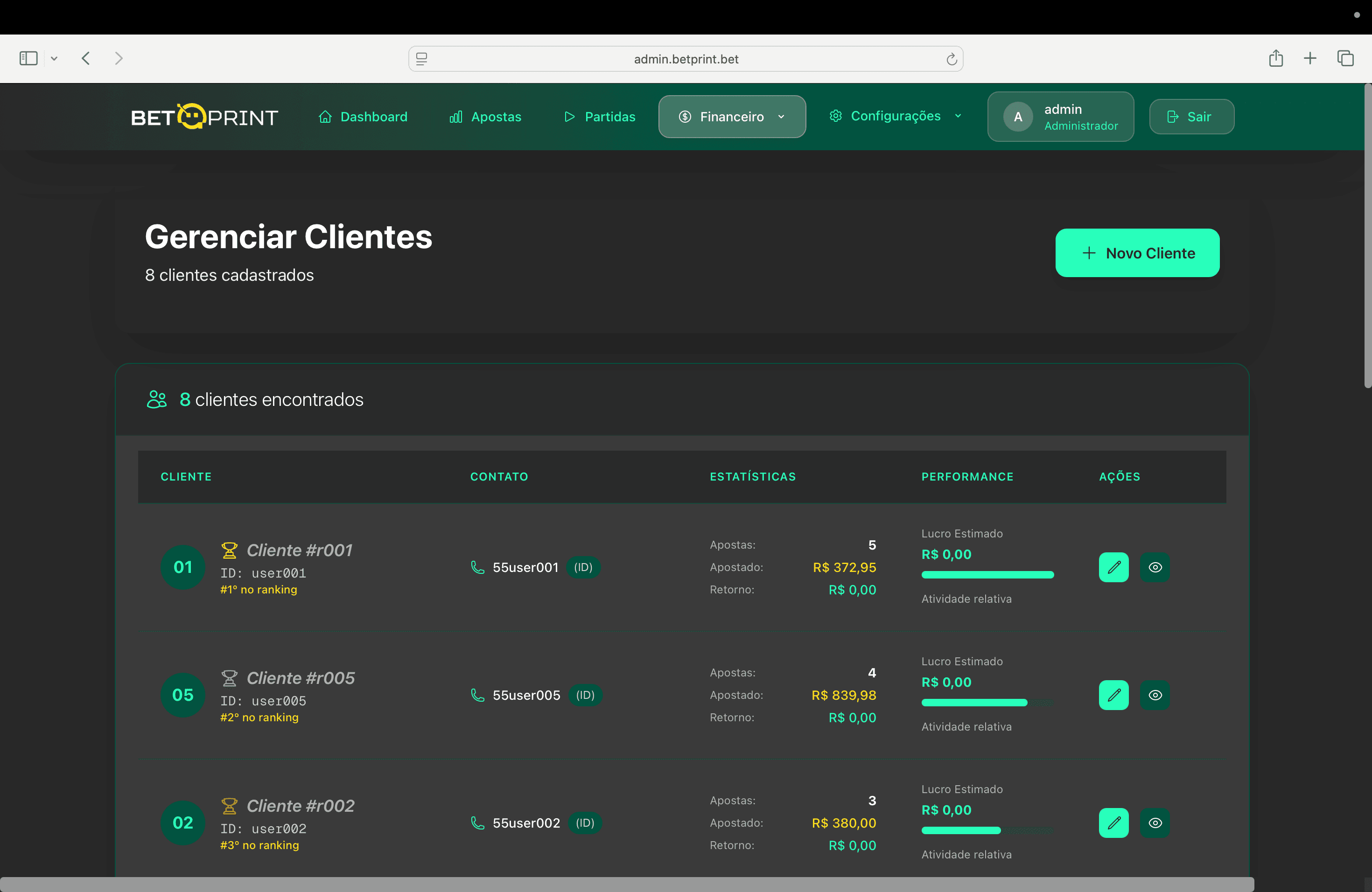 Dashboard BetPrint em tempo real
